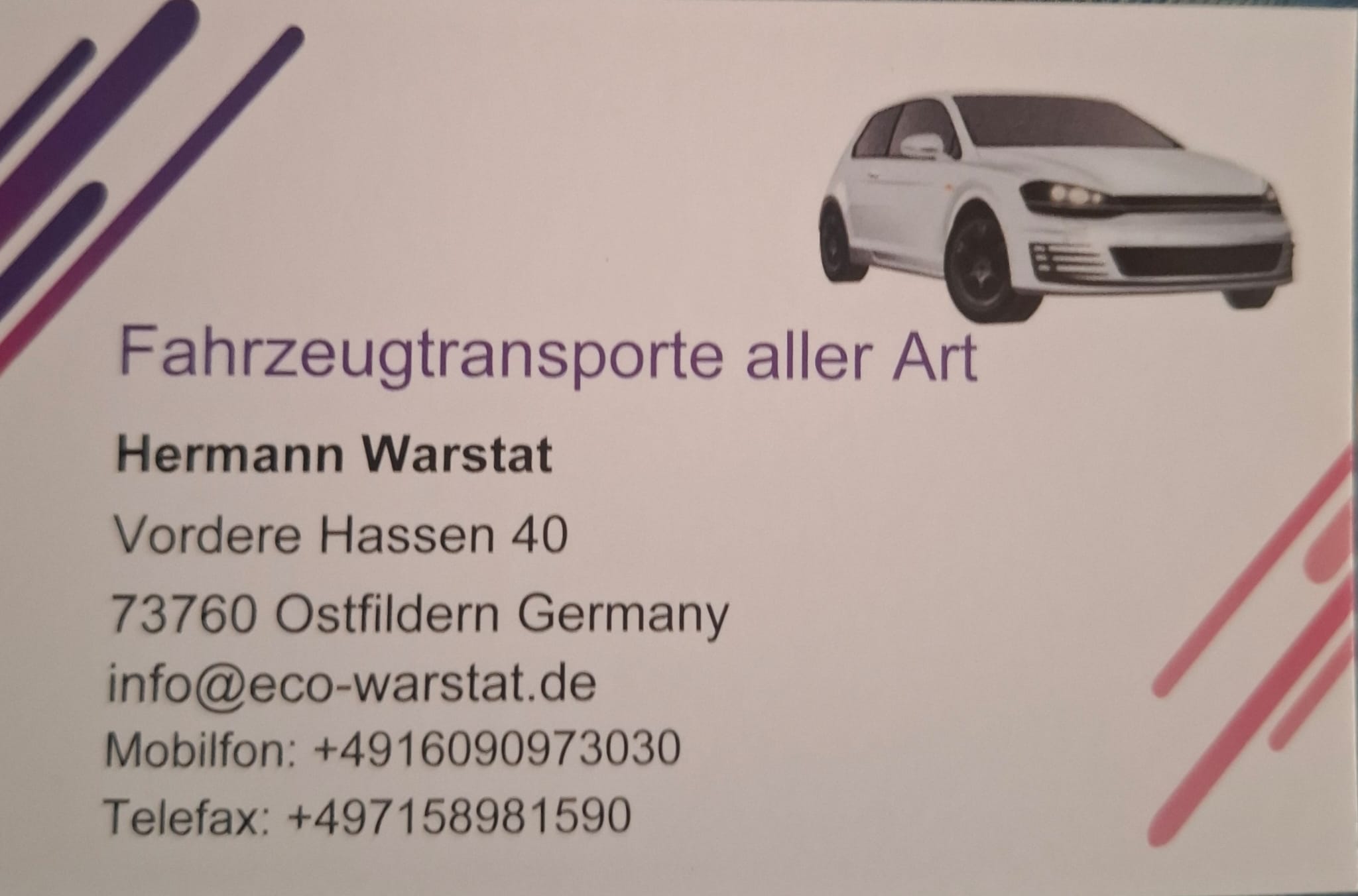 Visitenkarte von Hermann Warstat für Fahrzeugtransporte aller Art